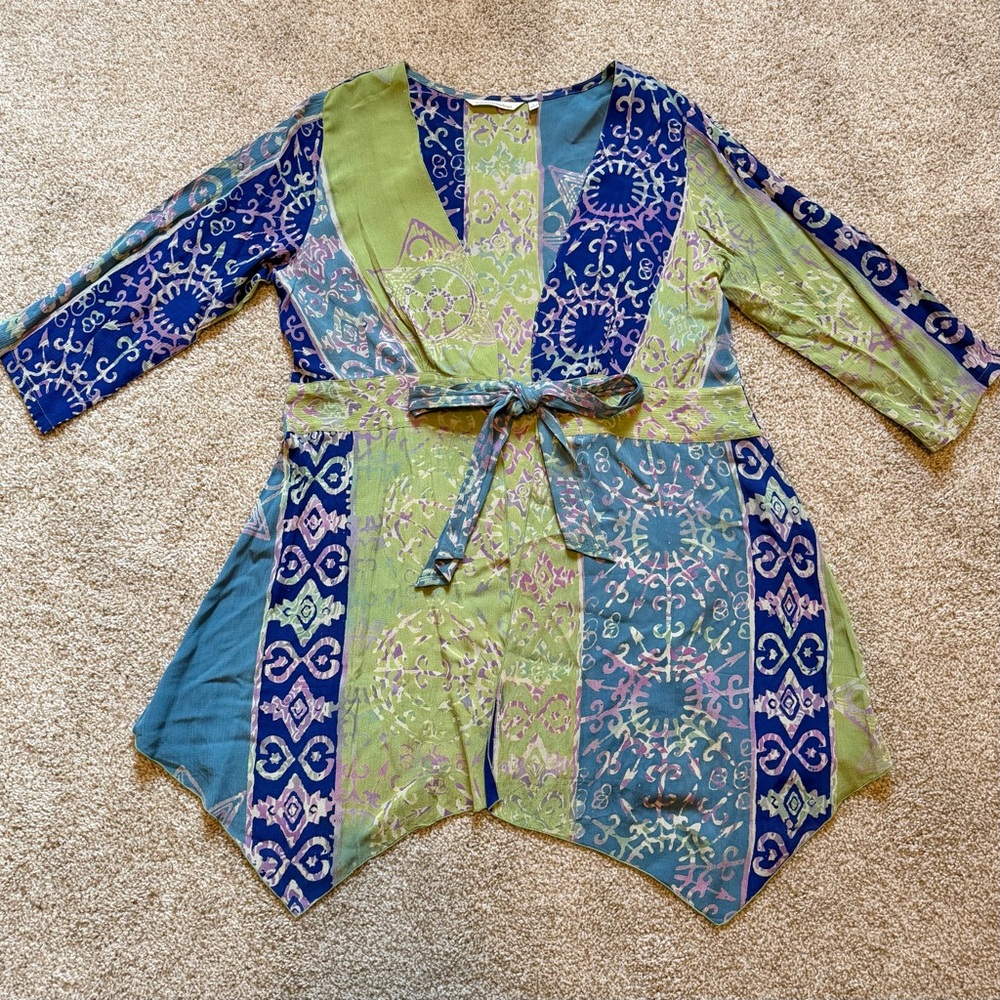 Soft Surroundings Kaleidoscope Handkerchief Tie Front Patchwork Shirt Boho Small